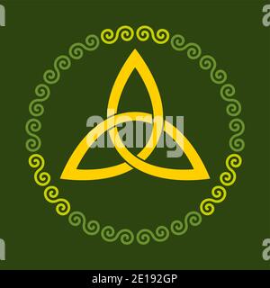 Triquetra, orange triangle celtique noeud dans un cadre de cercle, en forme de double spirales vertes, sur un fond vert mousse. Nœud ondulé du panier. Banque D'Images