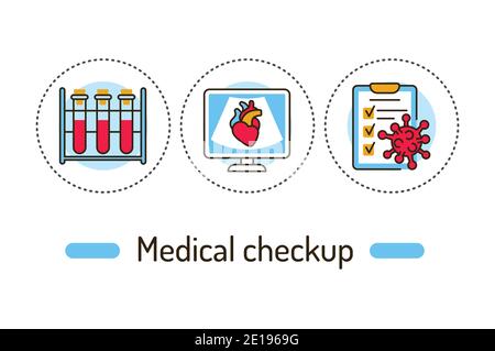 Concept de l'examen médical. Icônes de couleur de ligne de soins de santé. Pictogrammes pour la page Web, l'application mobile, la promotion. Illustration de Vecteur