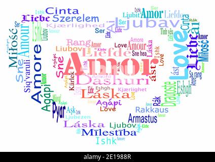 J'adore ! Nuage de mots avec le mot amour dans différentes langues sur fond blanc. Différentes nuances de rouge, orange, rose, bleu, violet et vert Illustration de Vecteur