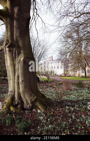 Jardins historiques de Little Ponton Hall à l'heure de la chute de neige Banque D'Images