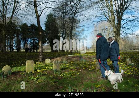 Les randonneurs de chiens s'interrompont dans le cimetière de chiens de Little Ponton Jardins du hall Banque D'Images