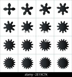 ensemble d'engrenages de la machine, jeu de roues motrices avec nombre de dents de quatre à dix-neuf. Illustration du vecteur de stock isolée sur fond blanc. Illustration de Vecteur