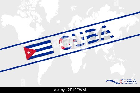 Drapeau de la carte de Cuba et illustration textuelle, sur la carte du monde Illustration de Vecteur