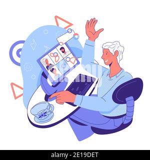 Homme participant à une conférence en ligne, illustration vectorielle plate isolée sur blanc. Illustration de Vecteur