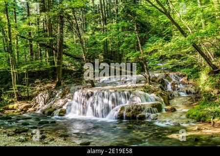 Petite chute d'eau rencontrée pendant la randonnée sur les gorges de la Nera dans le comté de Caras-Severin en Roumanie. Banque D'Images