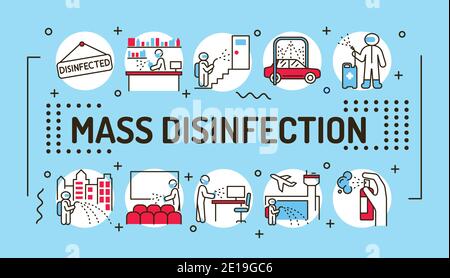 Désinfection de masse lettrage typographie. Infographies avec icônes linéaires sur fond bleu. Concept d'idée créative. Illustrateur de couleur de contour isolé Illustration de Vecteur