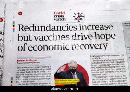 Covid-19 Pandemic Guardian titre du journal 'les redondances augmentent, mais les vaccins conduisent Espoir de reprise économique » 27 novembre 2020 Londres Royaume-Uni Grande-Bretagne Banque D'Images