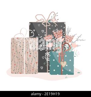 Coffret cadeau de Saint-Valentin avec fleurs. Emballages enveloppés décorés de boucles en ruban, de plantes et de coeur en bois, isolés sur fond blanc. Vecteur Illustration de Vecteur