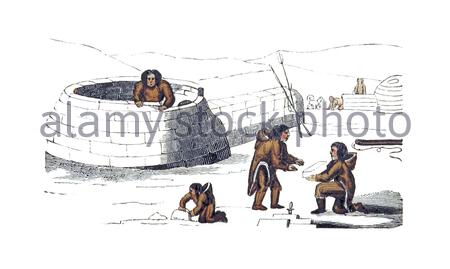 Eskimo construisant un igloo, illustration ancienne de 1825 Banque D'Images