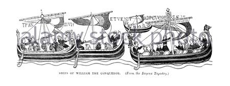 Navires de William le Conquérant, 1028 – 1087, premier roi normand d'Angleterre, de la Tapisserie de Bayeux, illustration ancienne de 1882 Banque D'Images