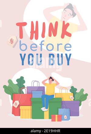 Pensez avant d'acheter le modèle de vecteur plat d'affiche Illustration de Vecteur