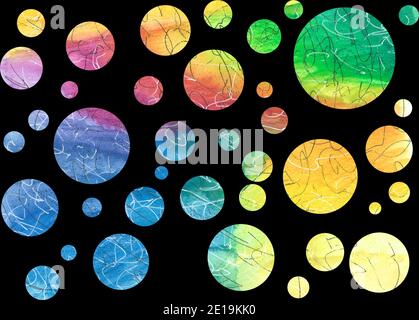 Arc-en-ciel cercles fond, dense aquarelle couleur vive bulles colorées, peint à la main formes rondes illustration abstraite Banque D'Images