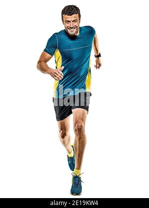 Un beau portrait young man running jogging runner jogger isolé sur fond blanc Banque D'Images