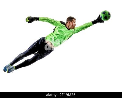 un joueur de football caucasien gardien de but homme en studio silhouette ombre isolée sur fond blanc Banque D'Images