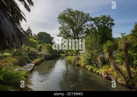 La rivière Avon s'écoulant à travers les jardins botaniques de Christchurch, Nouvelle-Zélande Banque D'Images