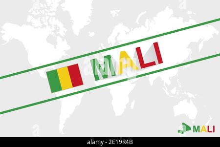 Drapeau de la carte du Mali et illustration textuelle, sur la carte du monde Illustration de Vecteur