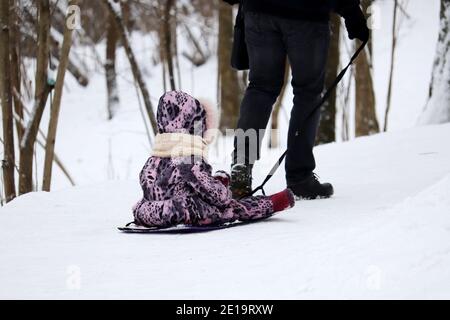 Loisirs en famille dans le parc d'hiver, le père fait une promenade en traîneau à un enfant. La nature après les chutes de neige Banque D'Images