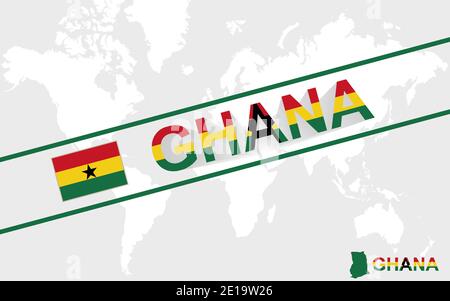 Drapeau de la carte du Ghana et illustration textuelle, sur la carte du monde Illustration de Vecteur