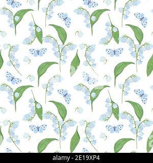 Fleur de Lily-of-the-vallée, motif papillon sans couture, aquarelle illustration symbole de printemps et bonheur main plantes blanches simple répétition ou Banque D'Images