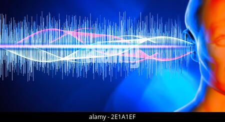 Problèmes d'audition et solutions. Échographie. Surdité. L'âge et la perte auditive. Barres d'égaliseur et Soundwave avec oreille humaine. Sens de l'audition Banque D'Images