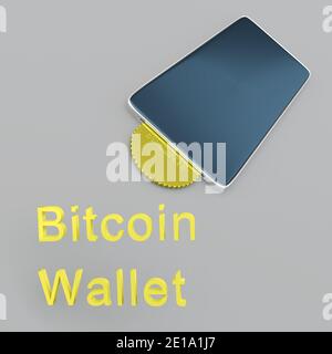 Illustration 3D d'une pièce d'or insérée dans un téléphone cellur avec le script Bitcoin Wallet, isolé sur fond gris. Banque D'Images