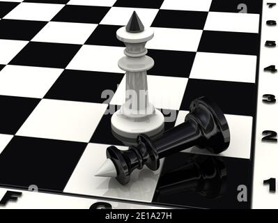 La défaite du roi noir. Chess blanc roi debout sur le roi noir vaincu. Illustration 3D Banque D'Images