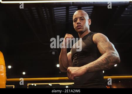 Beau combattant de boxe africain debout en position de combat avec ses poings serrés, copier l'espace. Un kickboxer puissant et agressif en position de combat en boxe Banque D'Images