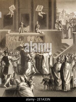 Le procès Sanhédrin de Jésus, Nouveau Testament, gravure en acier 1853, restauré numériquement Banque D'Images