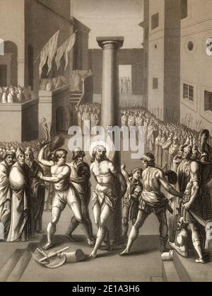 La flagellation du Christ, Nouveau Testament, gravure en acier 1853, restaurée numériquement Banque D'Images