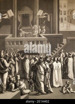 Pilate présentant un Jésus fléau au peuple de Jérusalem, Nouveau Testament, gravure en acier 1853, restauré numériquement Banque D'Images