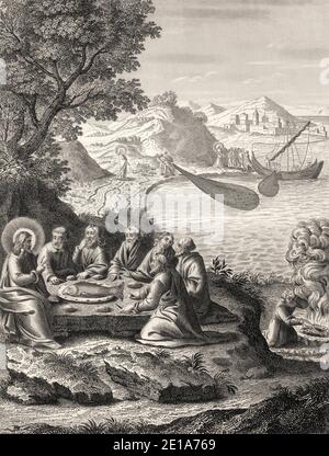 La capture miraculeuse de 153 poissons, Résurrection de Jésus, Nouveau Testament, gravure en acier 1853, restaurée numériquement Banque D'Images