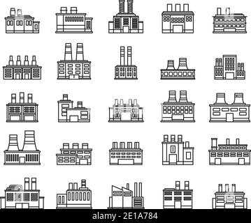 Jeu d'icônes usine de recyclage d'énergie, style de contour Illustration de Vecteur