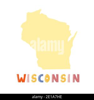 Collection USA. Carte du Wisconsin - silhouette jaune. Lettres de style gribouillage Illustration de Vecteur