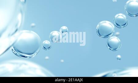 Pur effervescents vitalité cosmétique rafraîchissante hygiène ou hydrogène bleu énergie studio de bulles de gaz bleu gazéifiées transparentes sous l'eau Banque D'Images