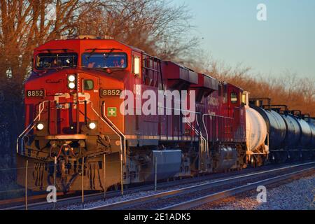 Bartlett, Illinois, États-Unis. Une paire de locomotives du chemin de fer canadien Pacifique déplace un train de marchandises manifeste vers l'ouest vers le soleil de la fin de l'après-midi. Banque D'Images