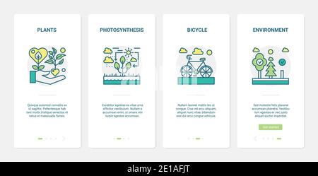 Technologie écologique pour enregistrer l'illustration du vecteur écologique. UX, UI Onboarding mobile application page Screen Set avec des symboles d'environnement d'économie de ligne, photosynthèse des plantes, transport de vélo écologique Illustration de Vecteur