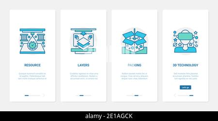 illustration vectorielle de lunettes virtuelles de technologie 3d. UX, UI Onboarding mobile application page Screen Set avec des ressources d'équipement de technologie de ligne pour la gestion de la production numérique, des symboles de couches, des produits d'emballage Illustration de Vecteur