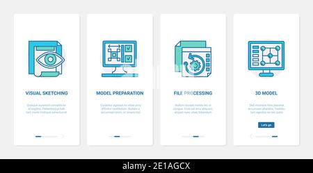 illustration vectorielle de conception de traitement de fichier de modèle 3d. UX, UI Onding mobile application page Screen TECH set avec processus de ligne de préparation de documents, esquisse visuelle, conception et technologie de modélisation Illustration de Vecteur