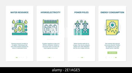 Illustration vectorielle de la technologie de production d'énergie écologique. UX, UI Onboarding mobile application page écran environnement set avec gestion de la consommation d'énergie de ligne, efficacité des ressources en eau, hydroélectricité Illustration de Vecteur