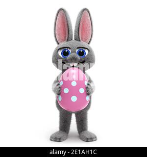 Mignon lapin de pâques tenant un oeuf coloré décoré avec des ornements, isolé sur fond blanc rendu 3D Banque D'Images
