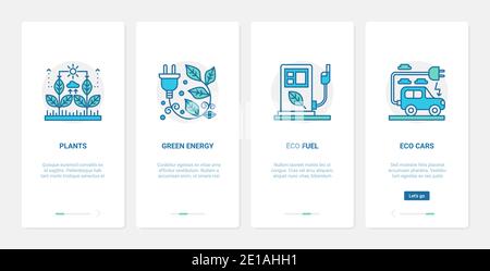Biotechnologie écologique, illustration vectorielle de la technologie naturelle. UX, UI Onboarding mobile application page Screen set environnemental avec la ligne verte plantes énergie, éco-carburant remplir des symboles de voiture de transport électrique Illustration de Vecteur