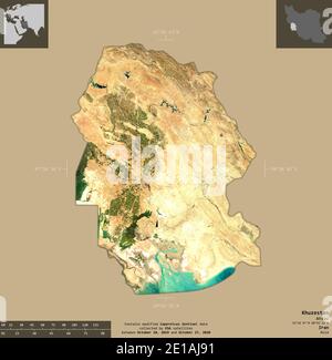 Khuzestan, province d'Iran. Imagerie satellite Sentinel-2. Forme isolée sur un arrière-plan solide avec des superpositions informatives. Contient Copernic modifié Banque D'Images