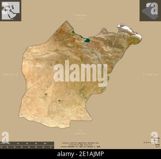Ninawa, province d'Iraq. Imagerie satellite Sentinel-2. Forme isolée sur un arrière-plan solide avec des superpositions informatives. Contient Copernic Sen modifié Banque D'Images