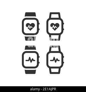 Montre à impulsions ou pulsomètre avec icône de pulsation. Montre-bracelet avec indicateur de fréquence cardiaque, symbole vectoriel noir. Illustration de Vecteur