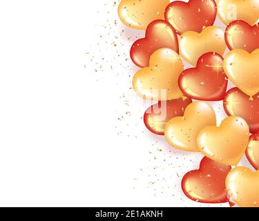 Bannière avec ballons rouges et dorés en forme de coeur sur fond rose. Un tas de balles sur la droite. Carte de vœux pour la Saint-Valentin et l'internationale Illustration de Vecteur