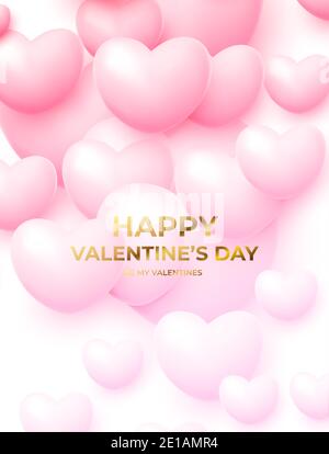 Design concept pour l'affiche de la Saint-Valentin avec ballons volants roses et blancs et lettres dorées Happy Valentines Day. Illustration vectorielle Illustration de Vecteur