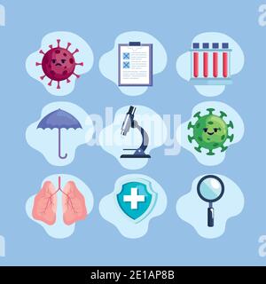 lot de neuf icônes de jeu covid19 Illustration de Vecteur