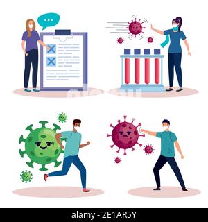 groupe de personnes portant des masques médicaux et covid19 ensemble icônes Illustration de Vecteur