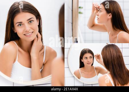 collage de la femme souriante dans le singulet regardant l'appareil photo et brucelles des sourcils près du miroir dans la salle de bains Banque D'Images