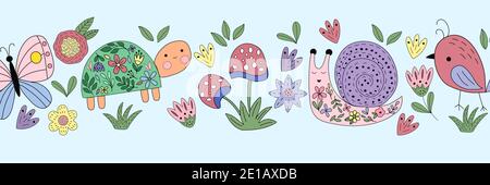 Bordure des éléments de printemps - fleurs, oiseau, tortue Illustration de Vecteur